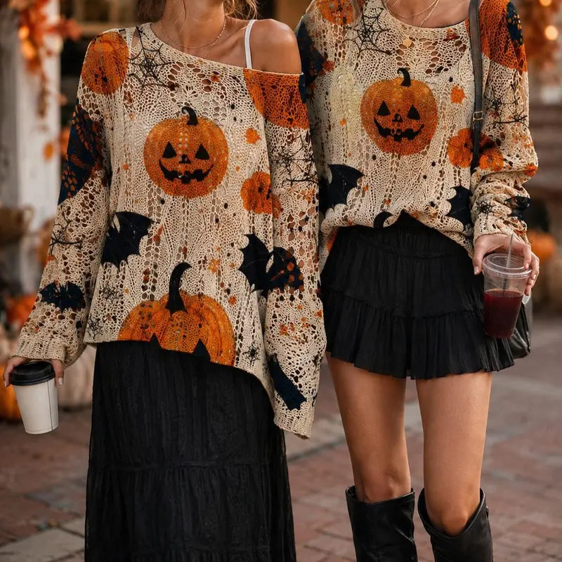 Halloween Pumpkin & Bat Crochet Knit Sweater