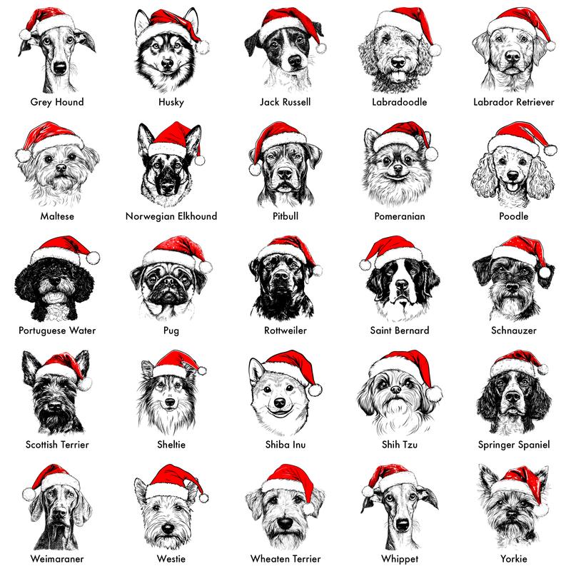 Happy Howlidays Dog Sweatshirt – 50 Breeds in Santa Hat Design