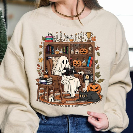 Cozy Ghost Reading Halloween T-Shirt/Sweatshirt/Hoodie