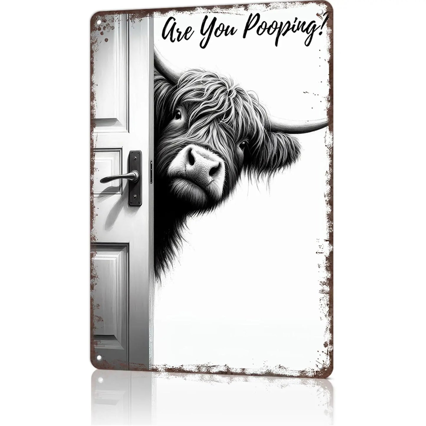 Funny "Are You Pooping?" Vintage Highland Cow Metal Tin Sign