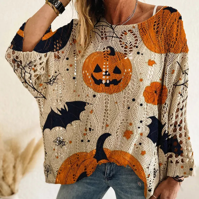 Halloween Pumpkin & Bat Crochet Knit Sweater