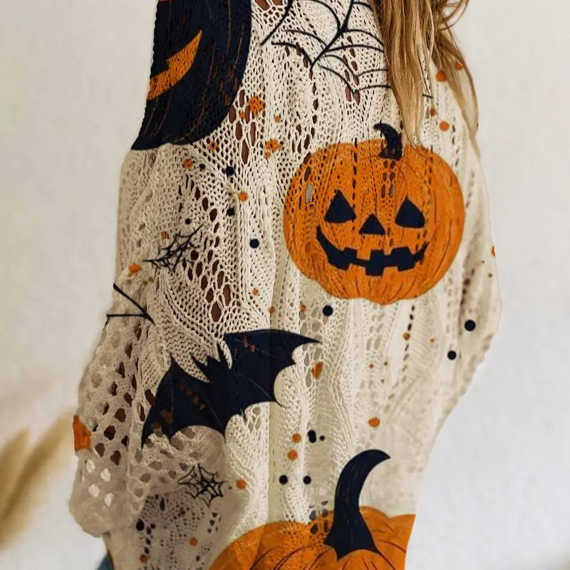 Halloween Pumpkin & Bat Crochet Knit Sweater