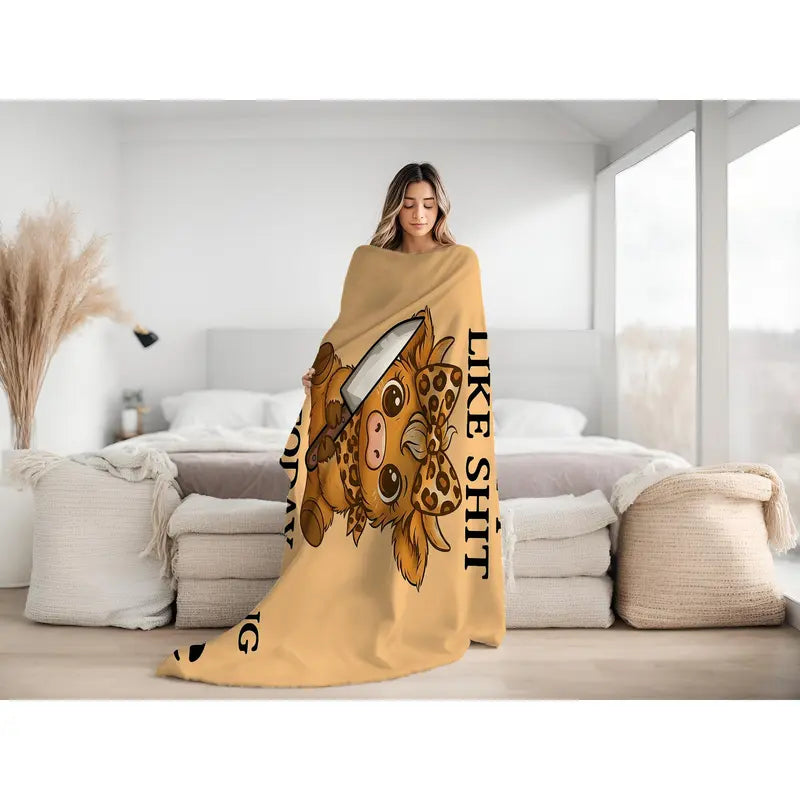 I Slept Like Shit Cute Highland Cow 'Choosing Violence' Meme Blanket