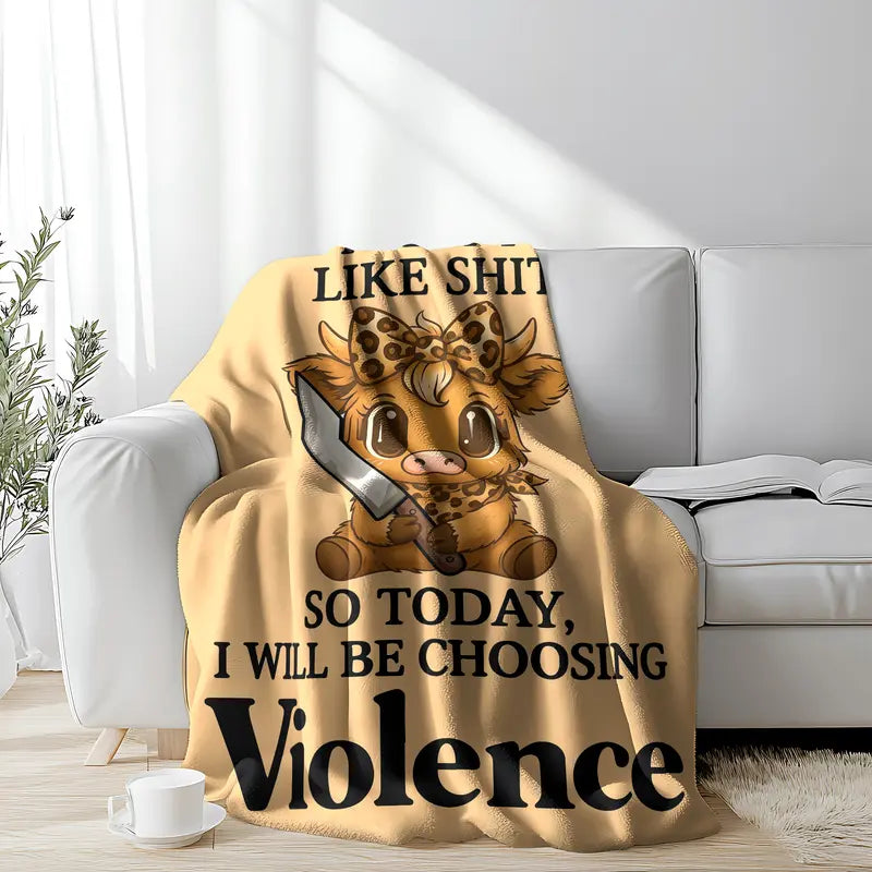 I Slept Like Shit Cute Highland Cow 'Choosing Violence' Meme Blanket