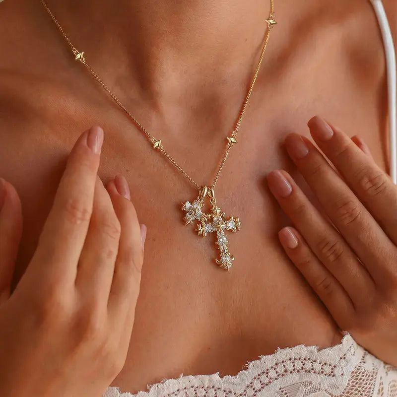 Iris Flower Cross Pendant Gold-Plated Necklace