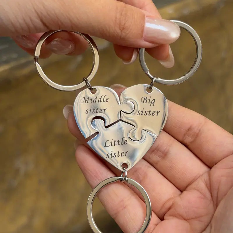Sister Keychains for 3 Sisters Gifts Matching Heart Puzzle Keychain Set