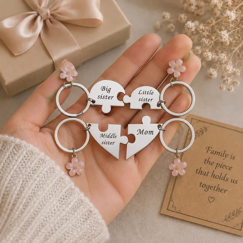 Mother & Three Daughters Puzzle Heart Keychain Set