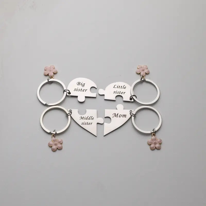Mother & Three Daughters Puzzle Heart Keychain Set