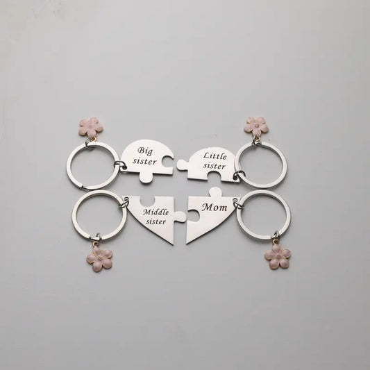 Mother & Three Daughters Puzzle Heart Keychain Set