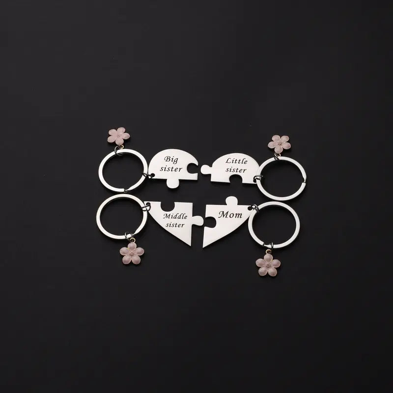 Mother & Three Daughters Puzzle Heart Keychain Set