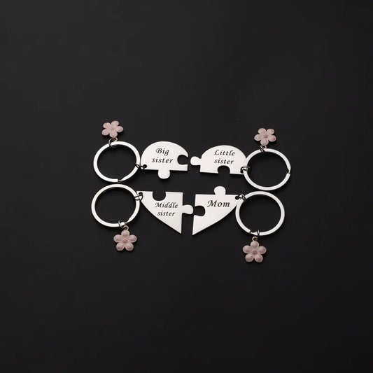 Mother & Three Daughters Puzzle Heart Keychain Set