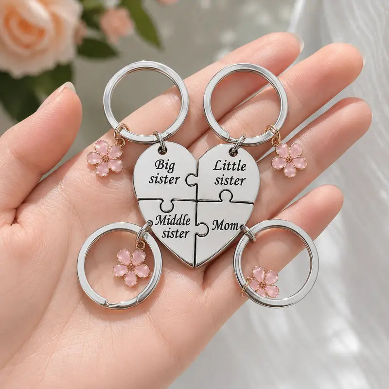 Mother & Three Daughters Puzzle Heart Keychain Set