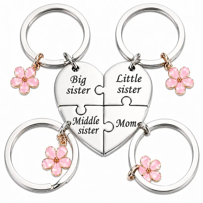 Mother & Three Daughters Puzzle Heart Keychain Set
