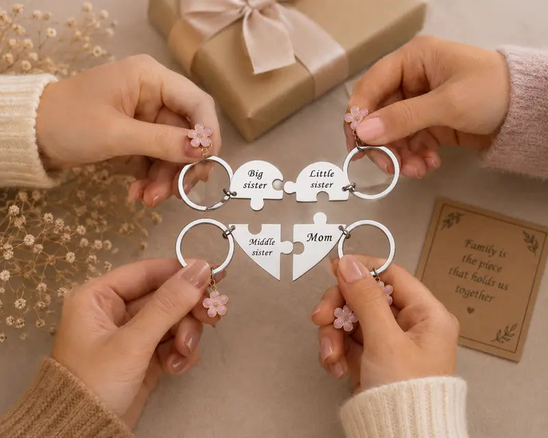 Mother & Three Daughters Puzzle Heart Keychain Set