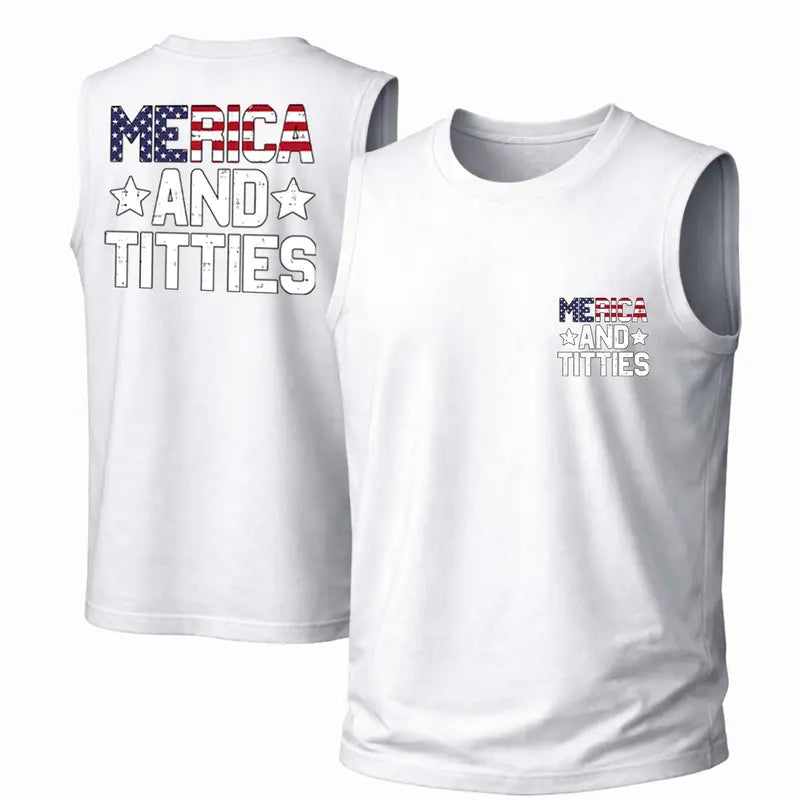 Merica And Freedom Tank Top, Patriotic Graphic Sleeveless Shirt