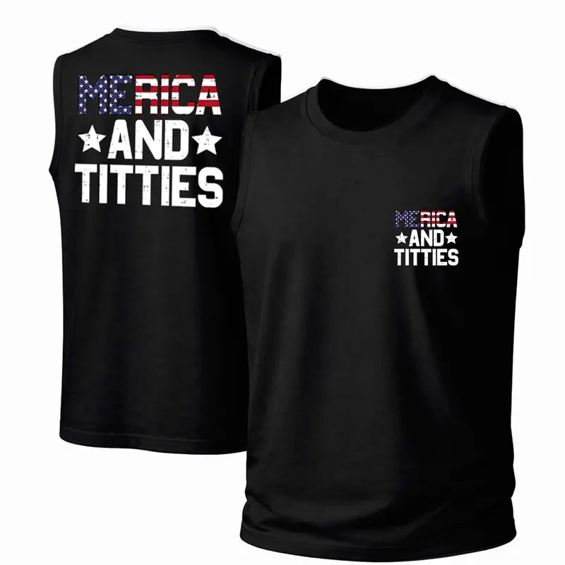 Merica And Freedom Tank Top, Patriotic Graphic Sleeveless Shirt