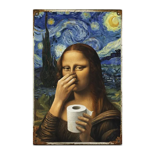 Mona Lisa Toilet Wall Decor Nose Pinching Stink Humor Rustic Metal Sign