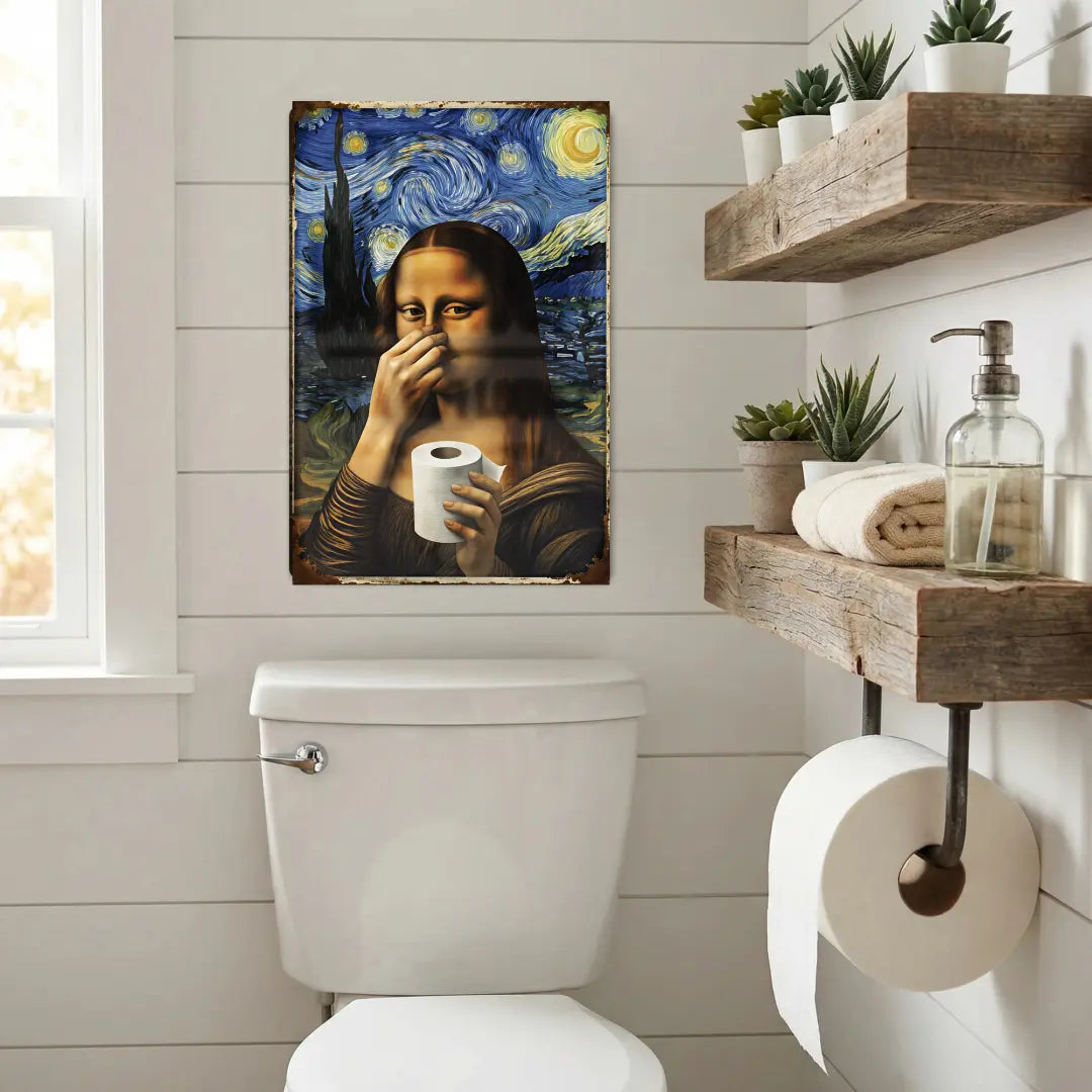 Mona Lisa Toilet Wall Decor Nose Pinching Stink Humor Rustic Metal Sign