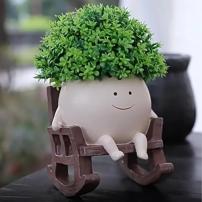 Lazy Sunday Rocking Chair Resin Planter - Cute Sitting Character Flower Pot with Drainage Hole
