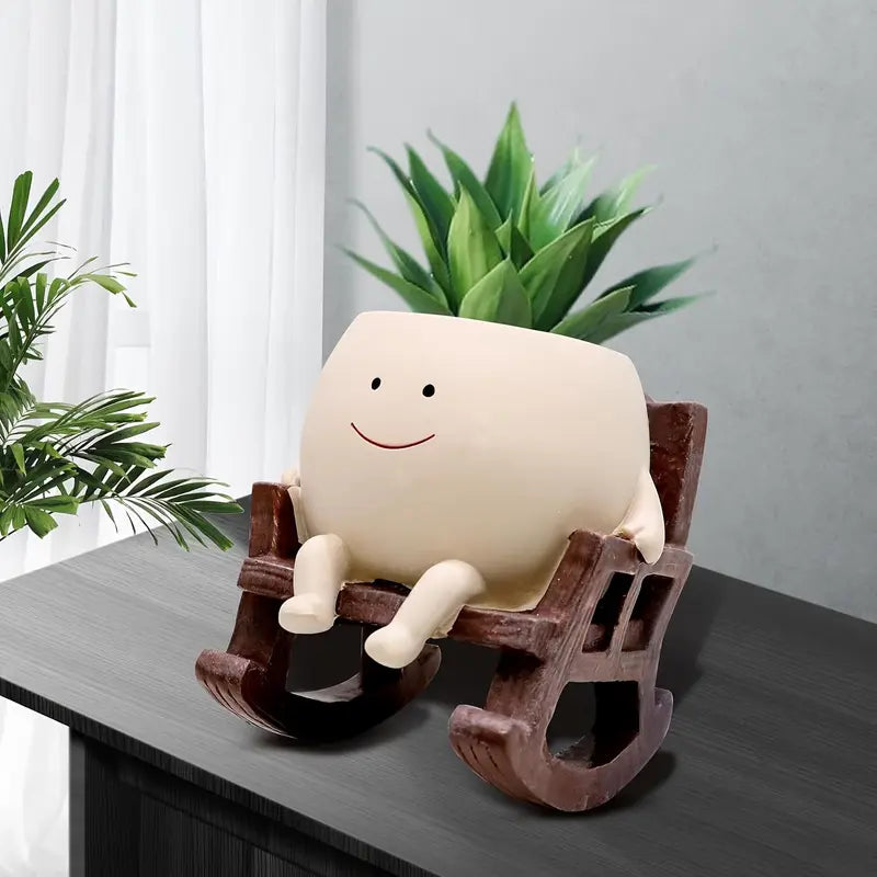 Lazy Sunday Rocking Chair Resin Planter - Cute Sitting Character Flower Pot with Drainage Hole