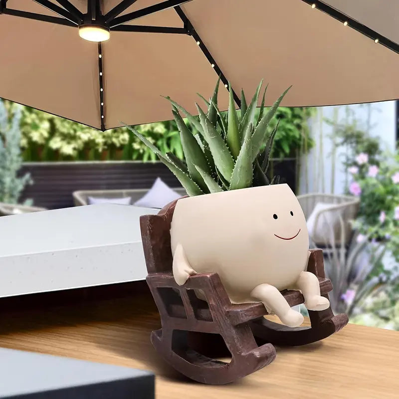 Lazy Sunday Rocking Chair Resin Planter - Cute Sitting Character Flower Pot with Drainage Hole
