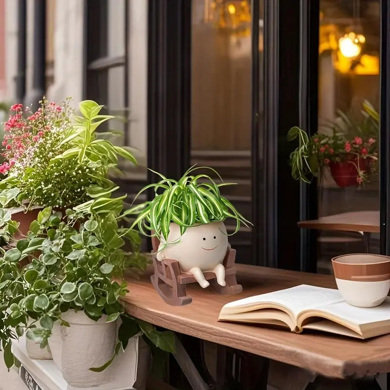 Lazy Sunday Rocking Chair Resin Planter - Cute Sitting Character Flower Pot with Drainage Hole