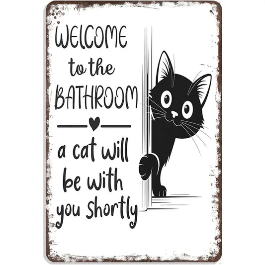 Welcome Bathroom Cat Vintage Retro Wall Decor Tin Sign