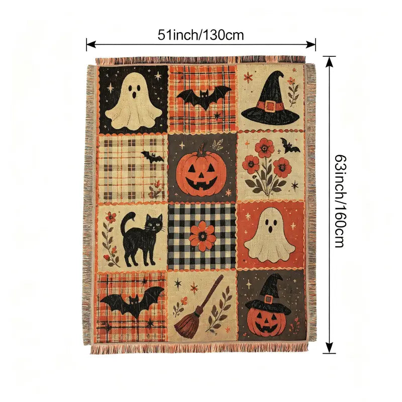 Vintage Halloween Patchwork Woven Throw Blanket with Tassels