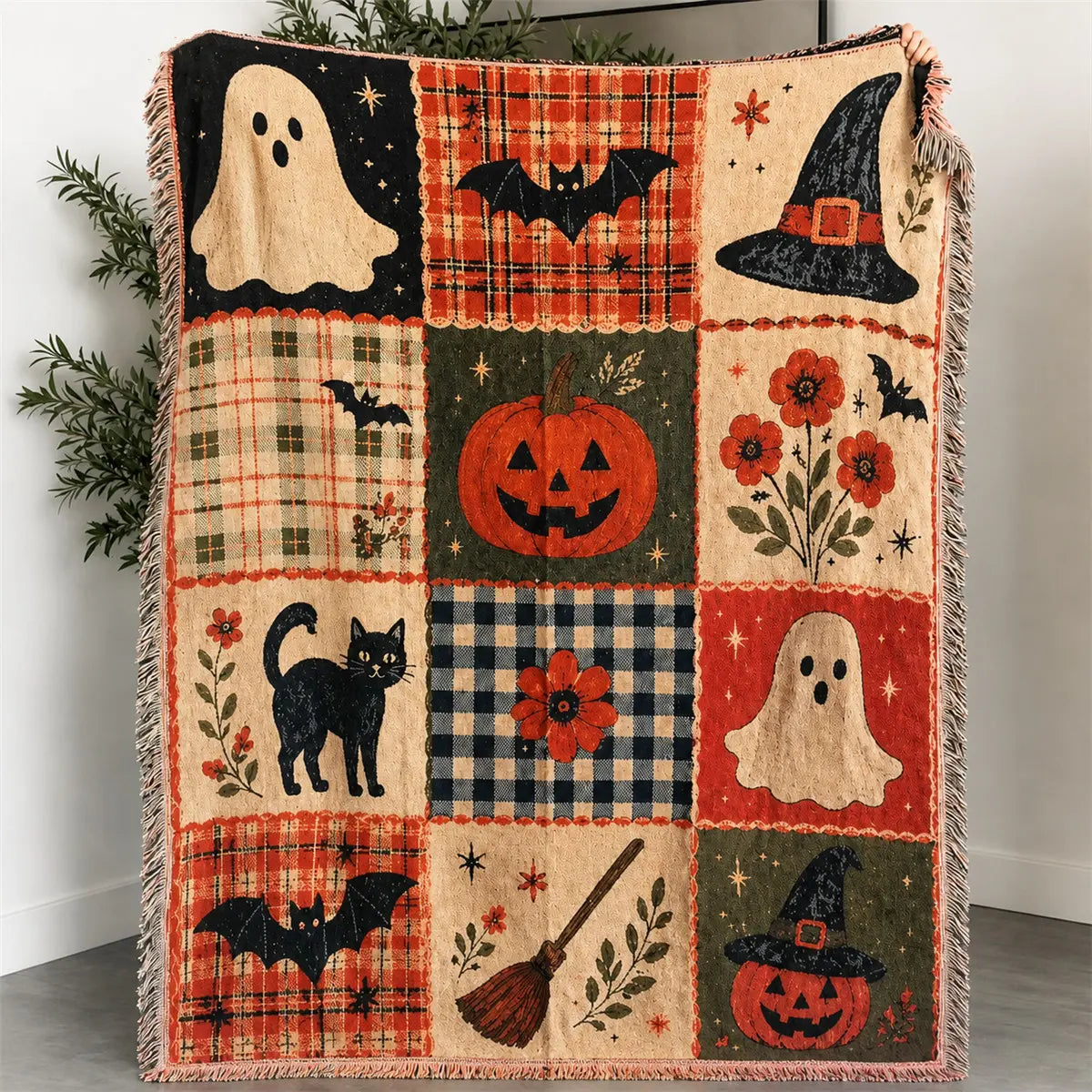 Vintage Halloween Patchwork Woven Throw Blanket with Tassels