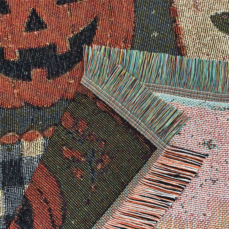 Vintage Halloween Patchwork Woven Throw Blanket with Tassels