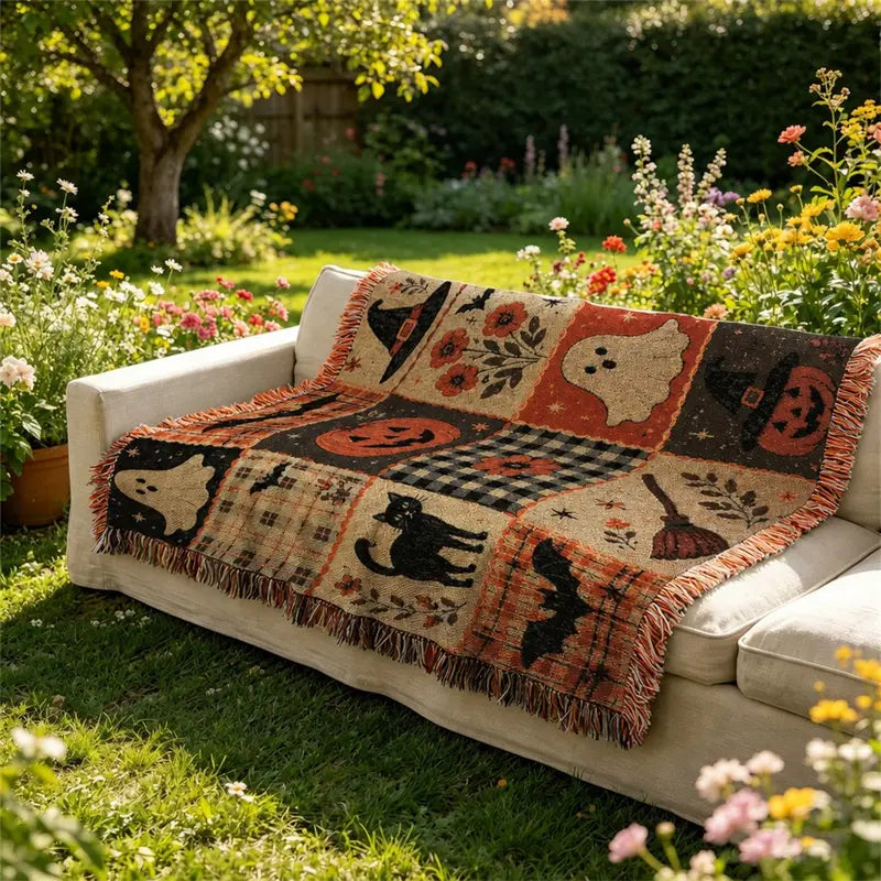 Vintage Halloween Patchwork Woven Throw Blanket with Tassels