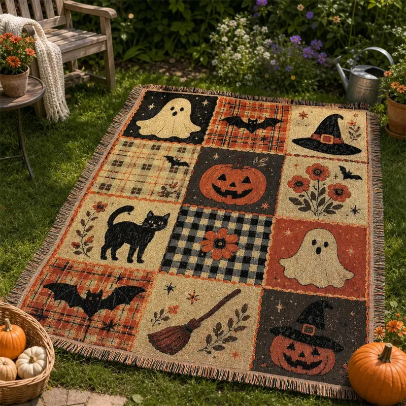 Vintage Halloween Patchwork Woven Throw Blanket with Tassels