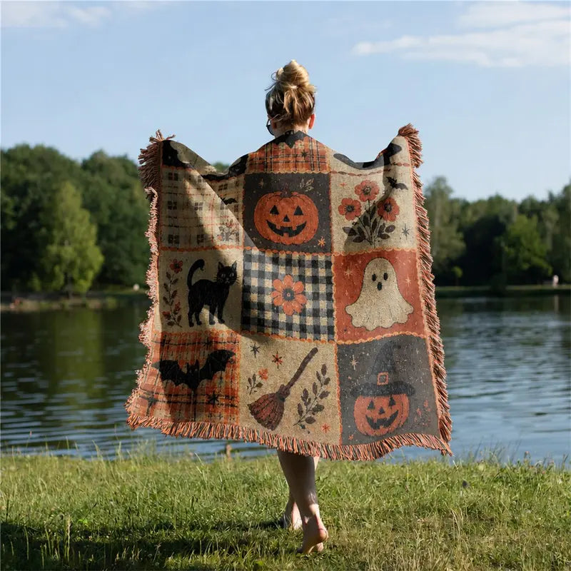 Vintage Halloween Patchwork Woven Throw Blanket with Tassels
