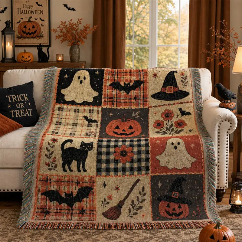 Vintage Halloween Patchwork Woven Throw Blanket with Tassels