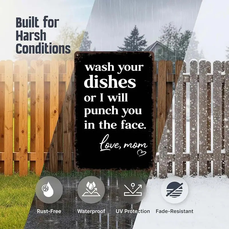 Funny 'Wash Your Dishes Or I'Ll Punch You In The Face' Metal Tin Sign