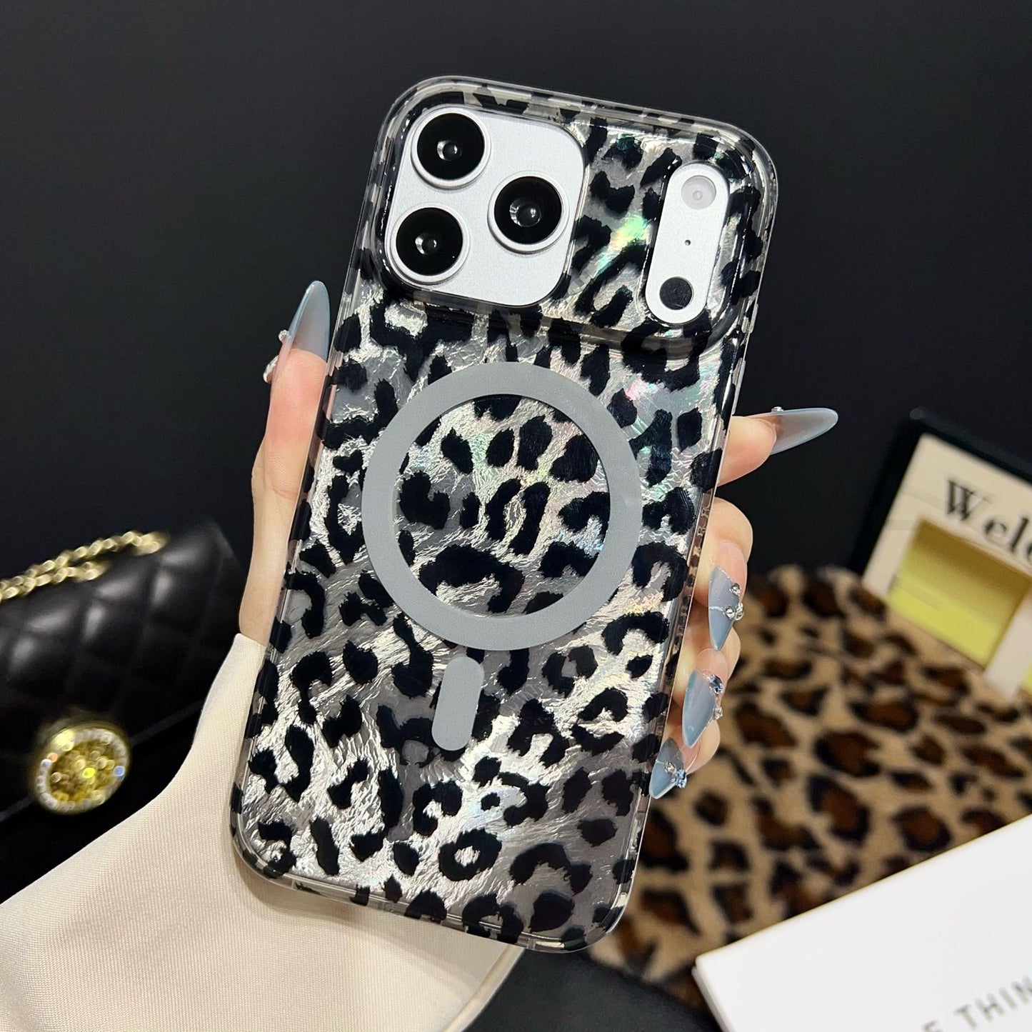 Leopard Animal Print Magnetic Sparkle Phone Case